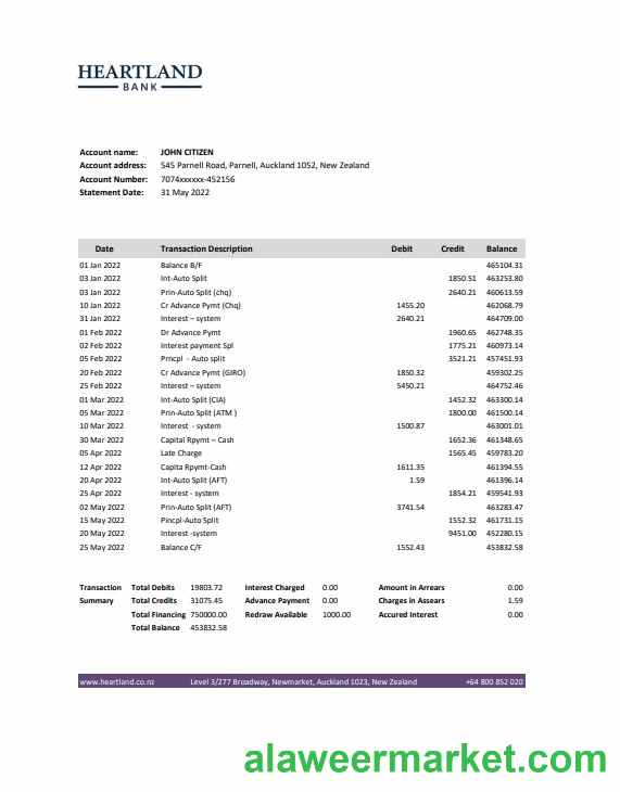 New Zealand Heartland bank statement Excel and PDF template